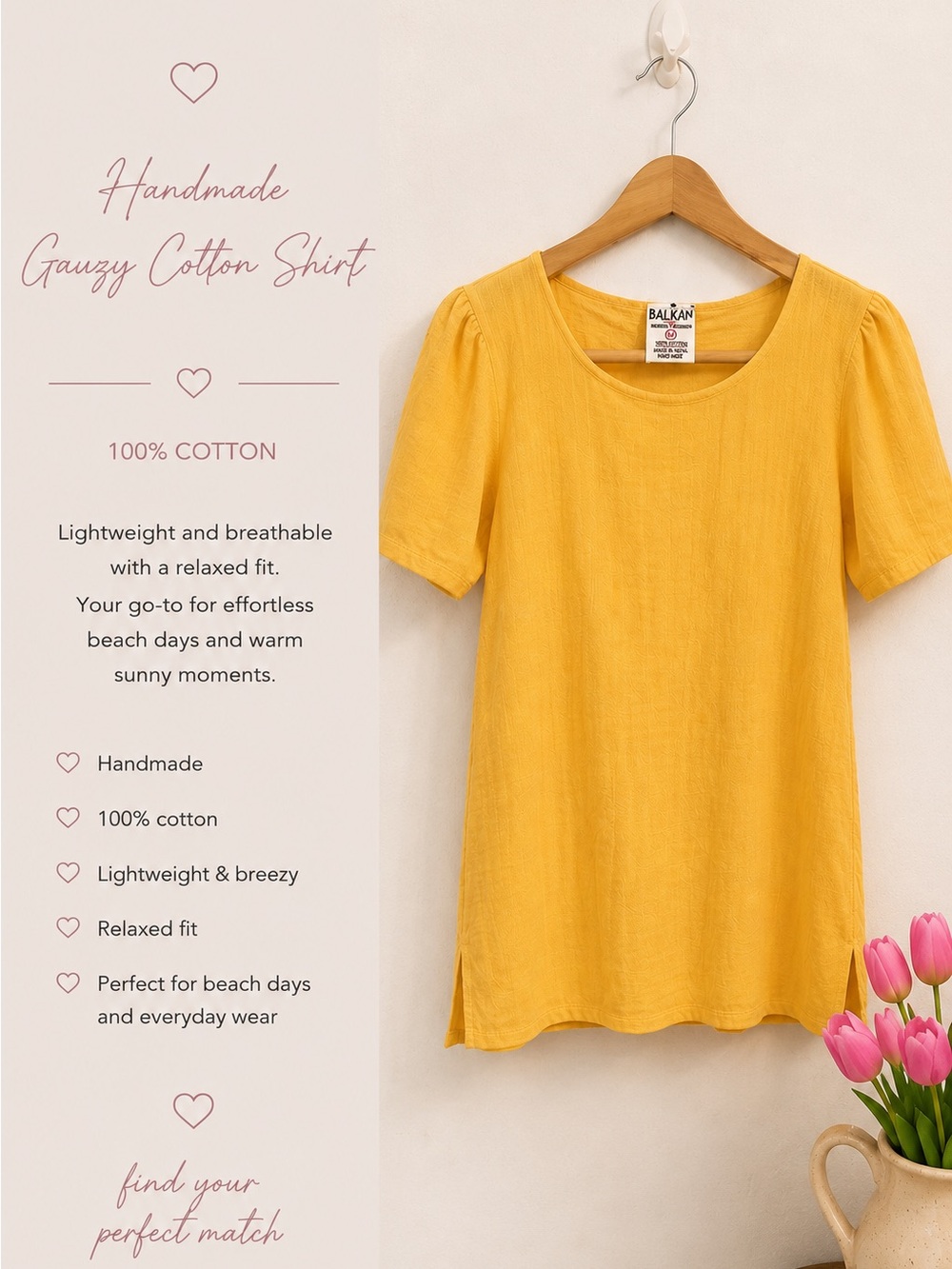 Balkan Handmade Gauzy Cotton Short Sleeve Tee - Yellow